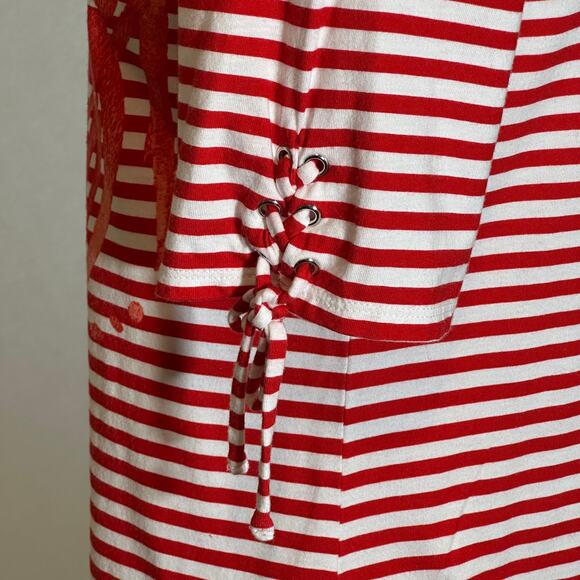 Chicos Red White Striped Leaf Print Cotton Tie Sleeve Blouse Womens Size Small S - Picture 5 of 10
